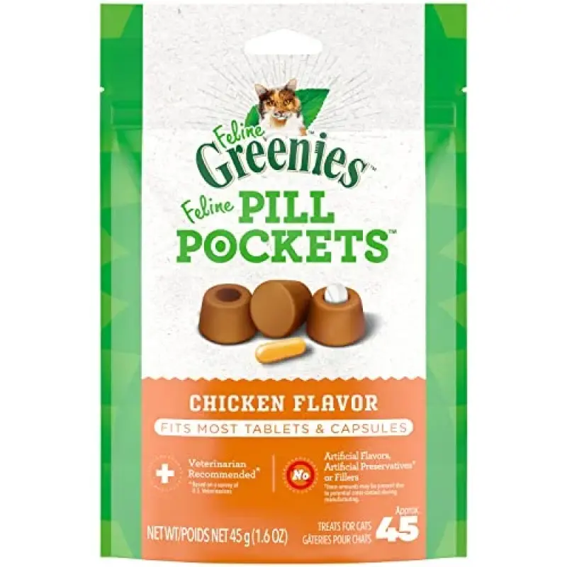 FELINE GREENIES PILL POCKETS for Cats Natural Soft Cat Treats, Chicken Flavor, 1.6 oz. Pack (45 Treats)