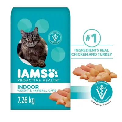 Iams Proactive Health Indoor Weight & Hairball Care with Chicken & Turkey Dry Cat Food, 7.26kg
